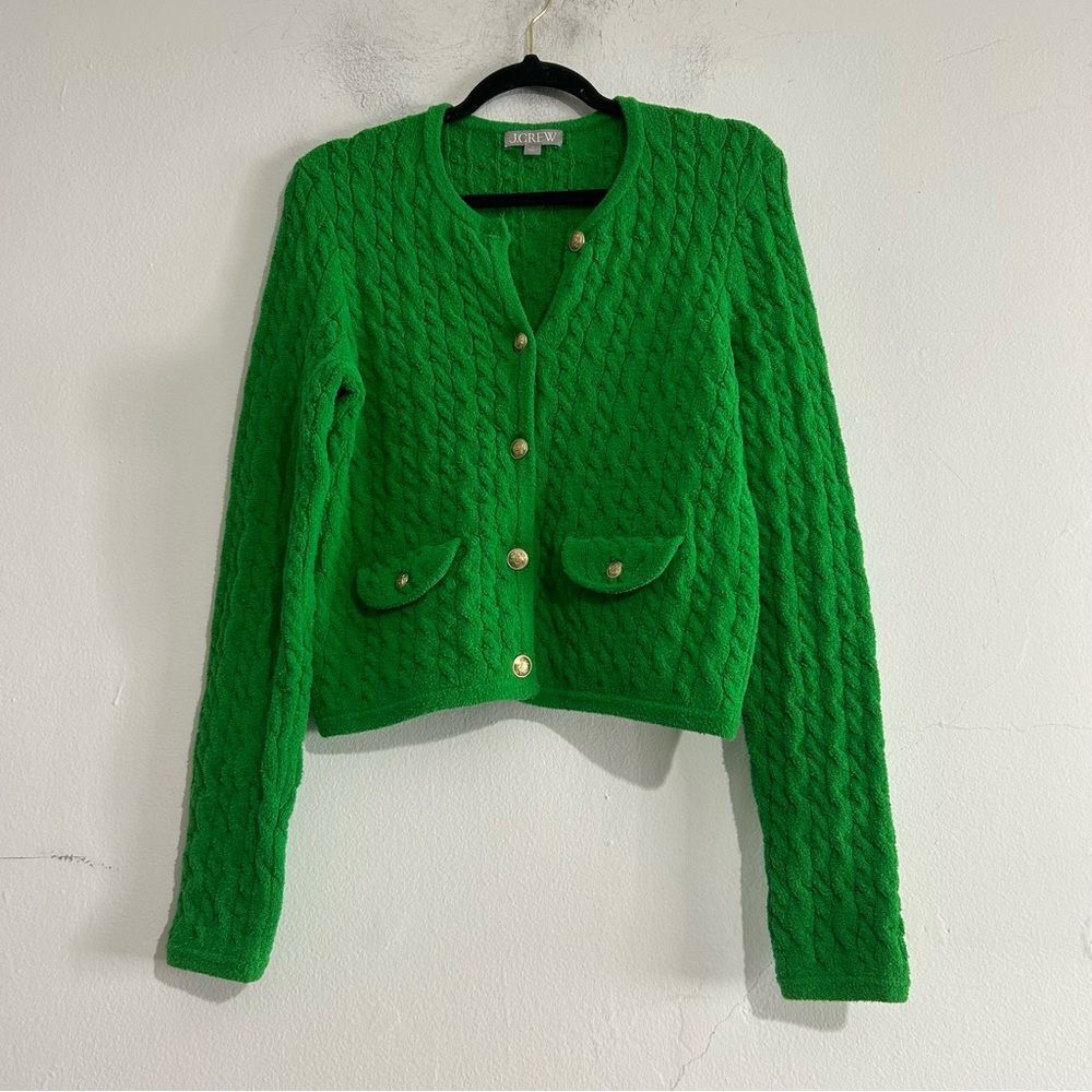 J. Crew Odette Cable Knit Sweater Lady Jacket Bouclé Kelly Green Preppy Academia